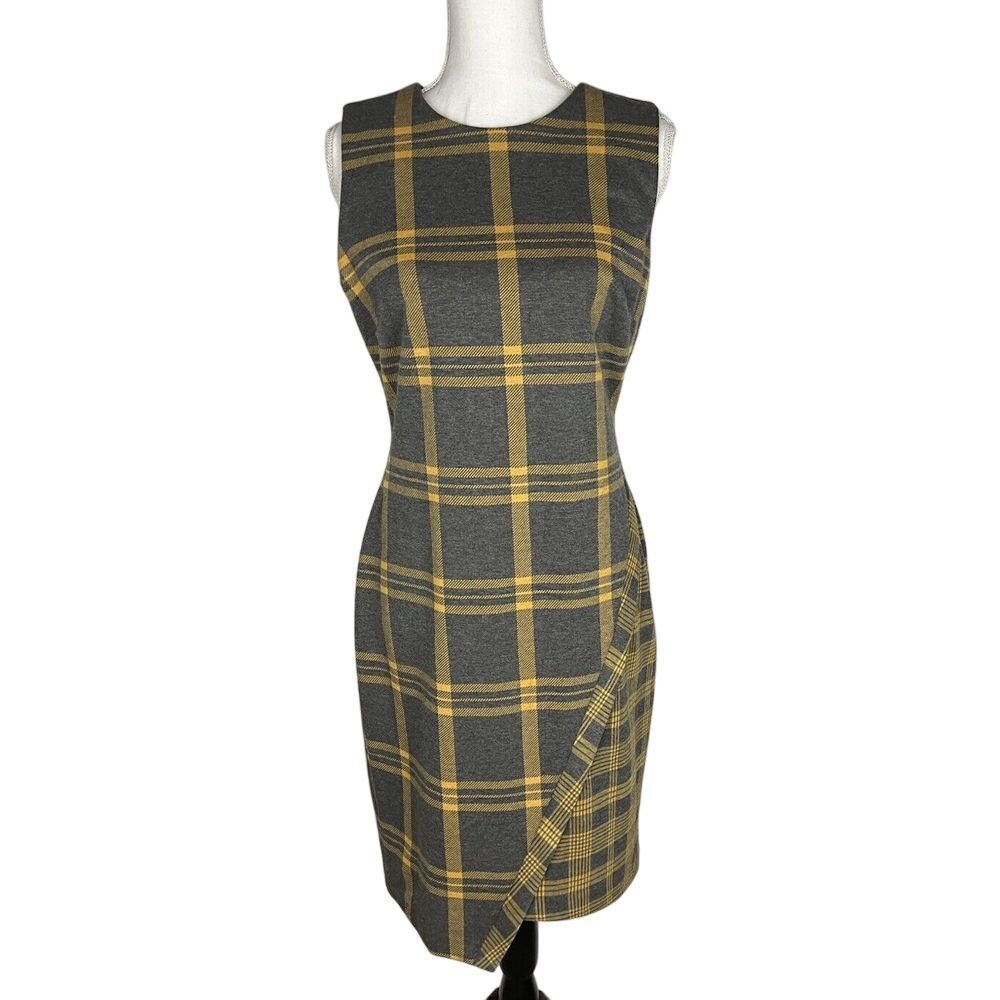 Tommy Hilfiger Women's size 8 Plaid Yellow Gray Stretch Sheath Sleeveless Dress